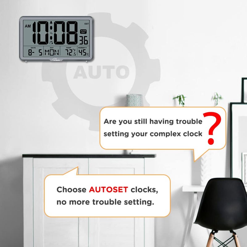 WallarGe Auto Set Digital Wall Clock Battery Operated  Desk Clocks with Temperature  Humidity and Date  Large Display Digital Calendar Alarm Clock for Elderly  Bedroom  Office  8 Time Zone  Auto DST. - Image 3